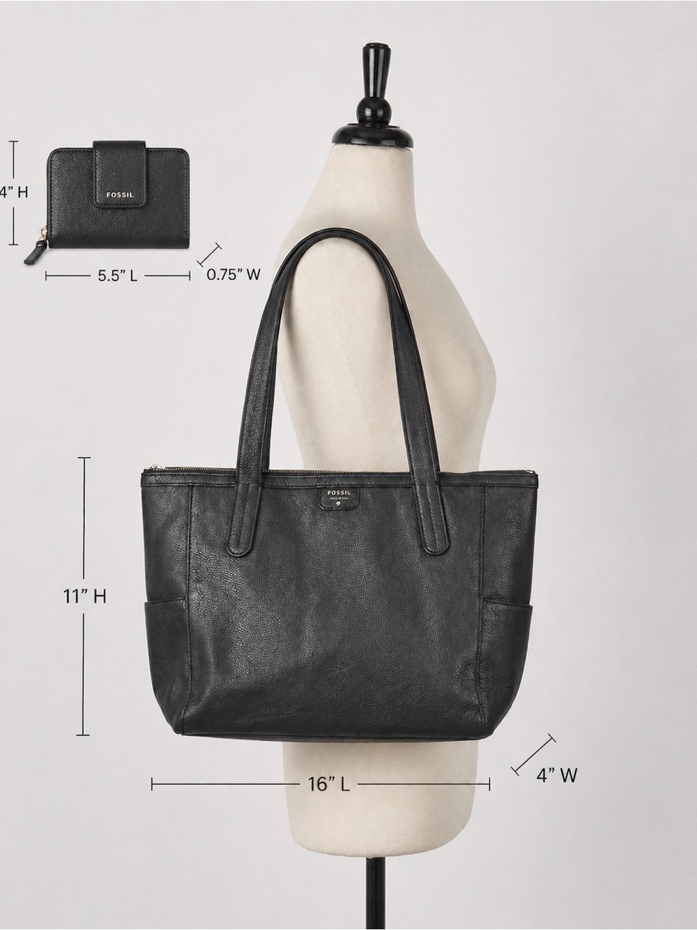 FOSSIL TOTE WALLET SET GENUINE LEATHER BLACK GOLD HARDWARE